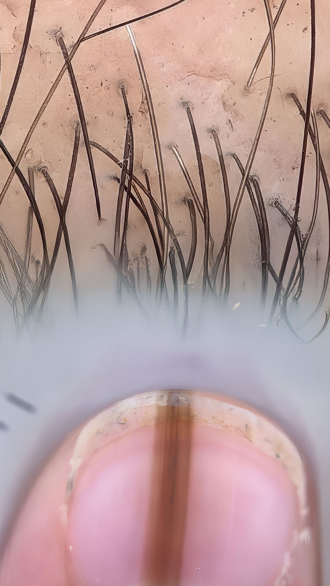 Nahaufnahme der Haut, Haare und eines Fingernagels unter dem medicam System