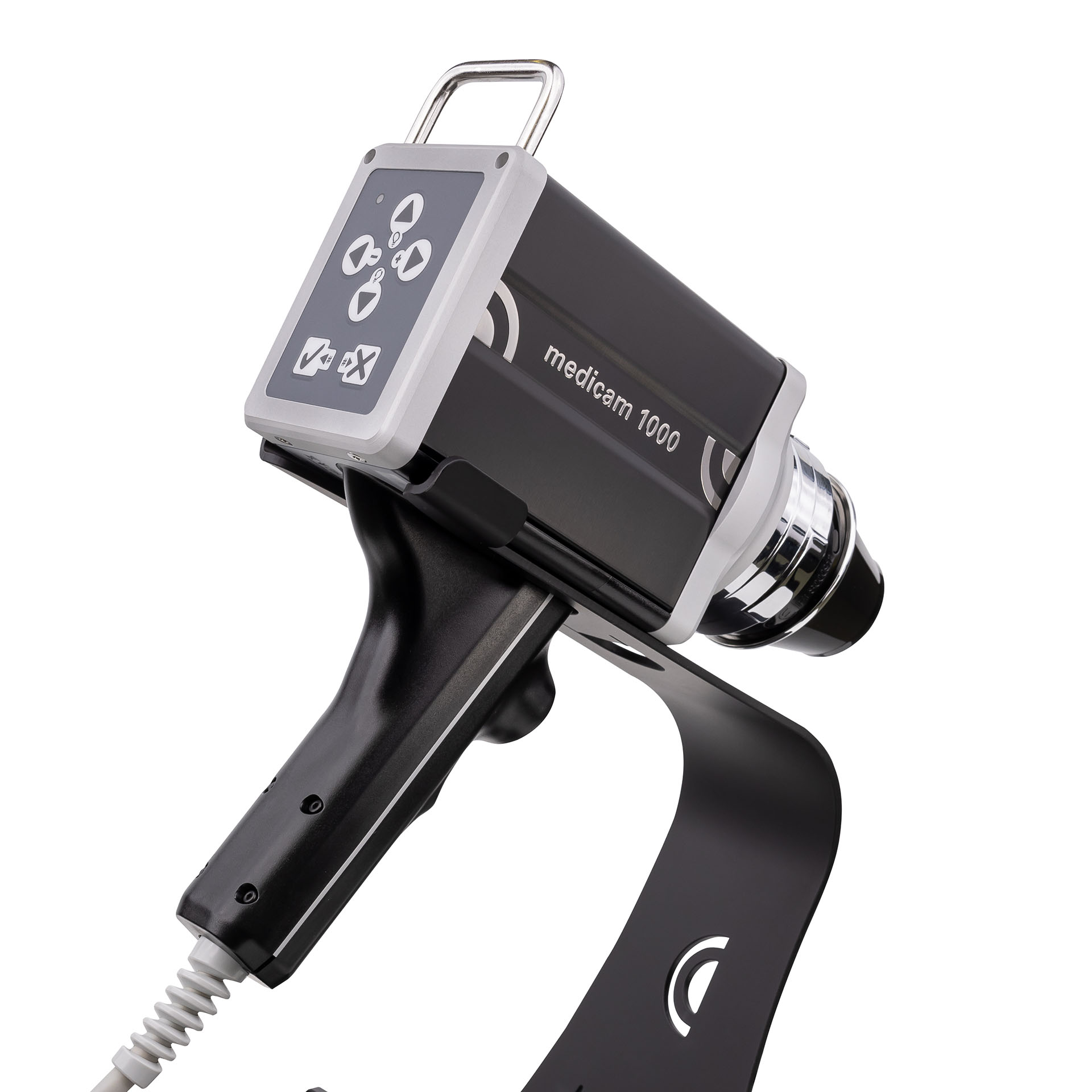 Seitenansicht der kompakten medicam Kamera mit schlichtem, schwarzem Gehäuse