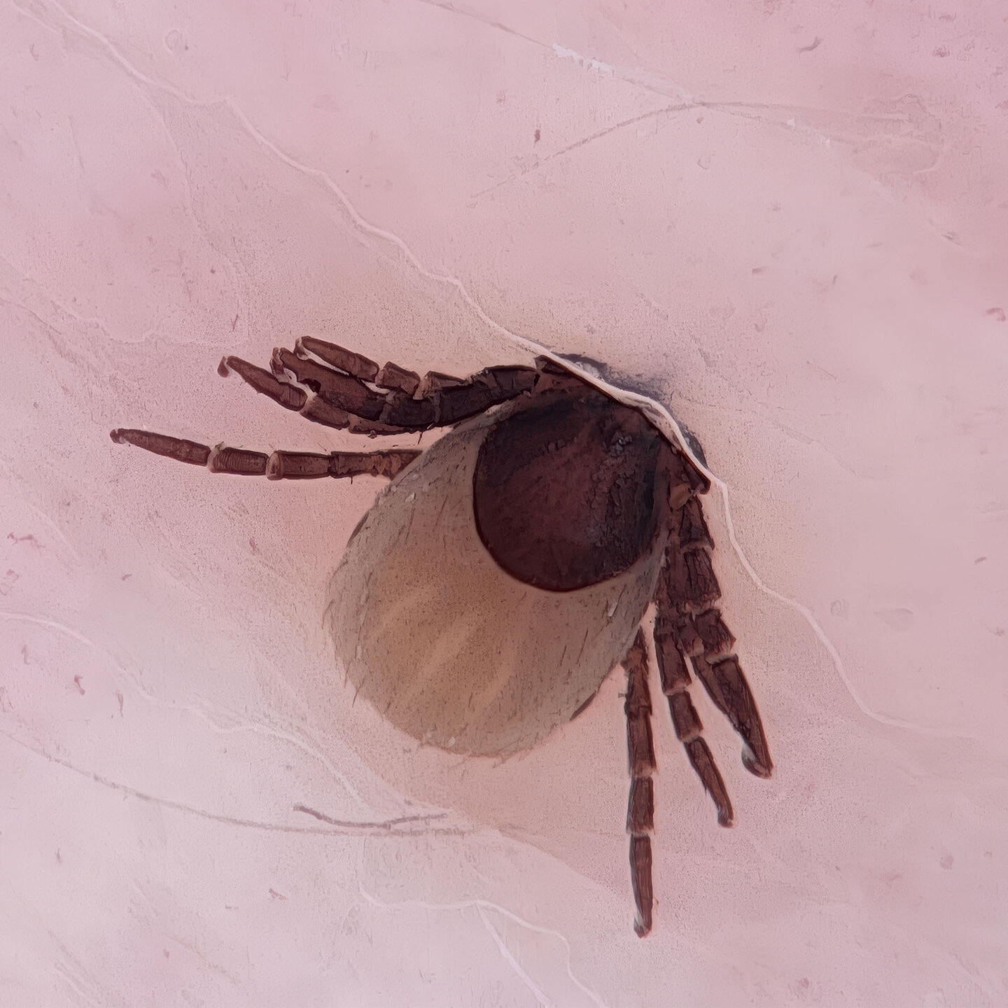 Makroaufnahme einer Zecke auf der Haut, aufgenommen mit der medicam